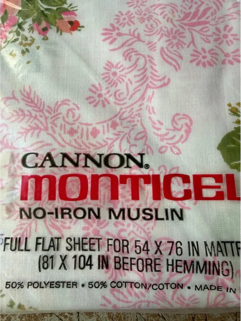 Vintage Cannon Monticello Two Full Flat Sheets Pillowcases Pink Roses Muslin NOS